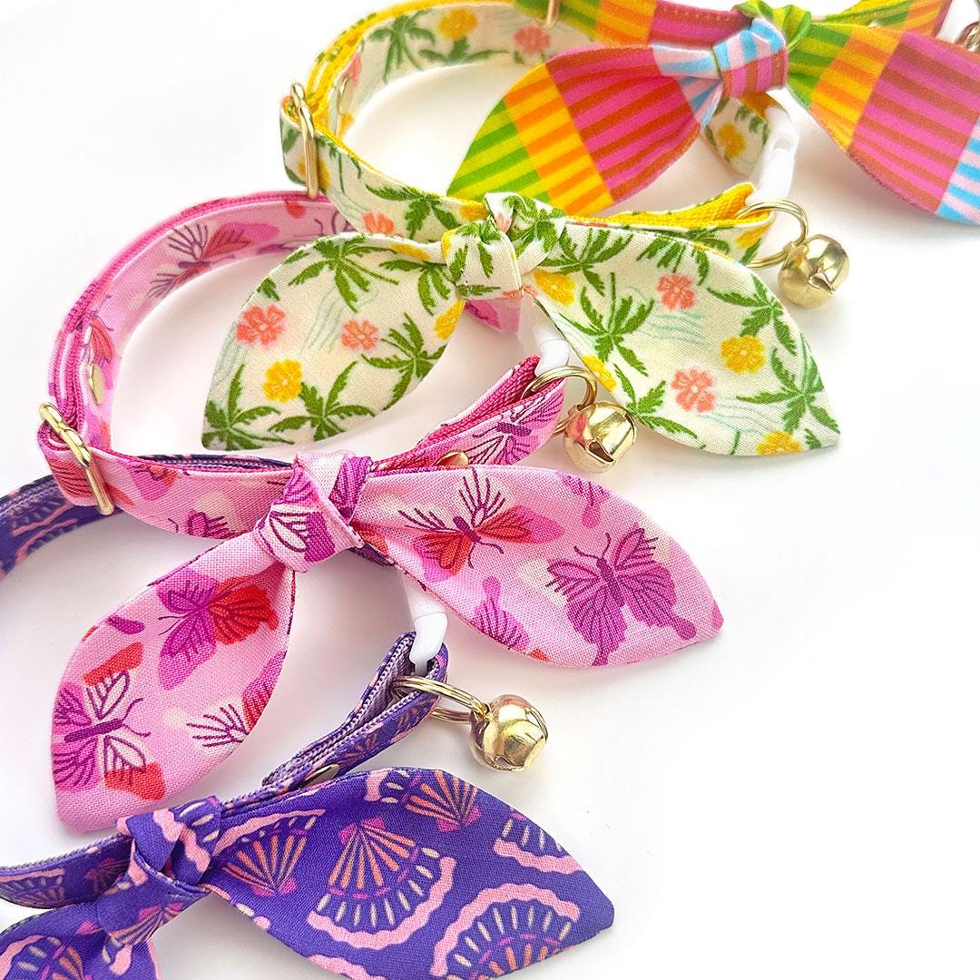 Cat Collar + Bunny Ear Bow Set - "Sea Siren" - Purple Seashell Cat Collar w/ Matching Bunny Bow Tie / Tie-On Scarf / Cat, Kitten + Small Dog Sizes