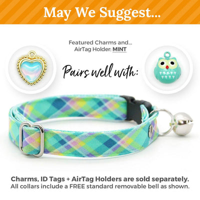 Cat Collar + Bunny Ear Bow Set - "Breeze" - Aqua Plaid Cat Collar w/ Matching Bunny Bow Tie / Spring + Summer / Tie-On Scarf / Cat, Kitten + Small Dog Sizes