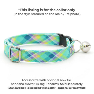 Plaid Cat Collar - "Breeze" - Preppy Aqua Cat Collar / Ocean, Beach, Coastal, Mint / Breakaway Buckle or Non-Breakaway / Cat, Kitten + Small Dog Sizes