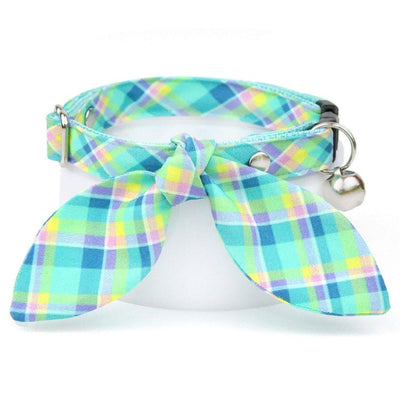 Plaid Cat Collar - "Breeze" - Preppy Aqua Cat Collar / Ocean, Beach, Coastal, Mint / Breakaway Buckle or Non-Breakaway / Cat, Kitten + Small Dog Sizes