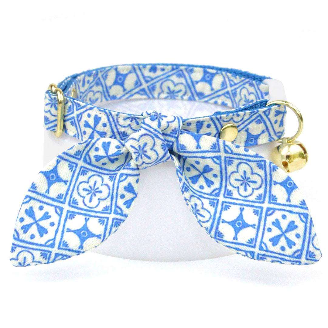 Blue Cat Collar - "Azulejos" - Mediterranean Cat Collar / Elegant, Summer, Portuguese, Spanish, Greek / Breakaway Buckle or Non-Breakaway / Cat, Kitten + Small Dog Sizes