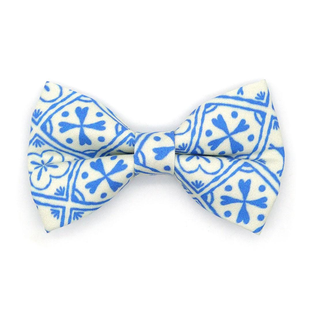 Blue Bow Tie Cat Collar Set - "Azulejos" - Mediterranean Cat Collar with Bow Tie / Summer, Spanish, Greek / Cat, Kitten, Small Dog Sizes
