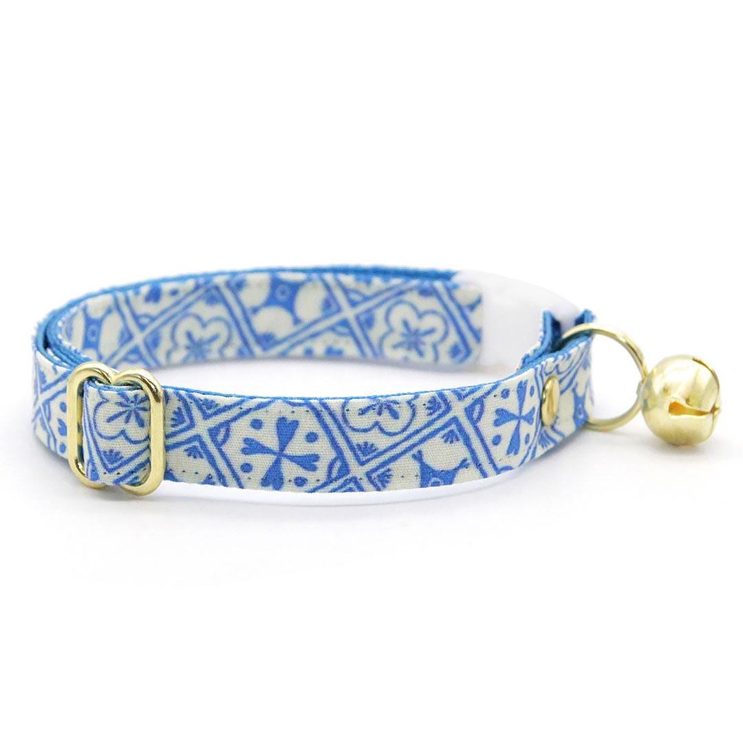Cat Collar + Bunny Ear Bow Set - "Azulejos" - Mediterranean Blue Cat Collar w/ Matching Bunny Bow Tie / Tie-On Scarf / Cat, Kitten + Small Dog Sizes