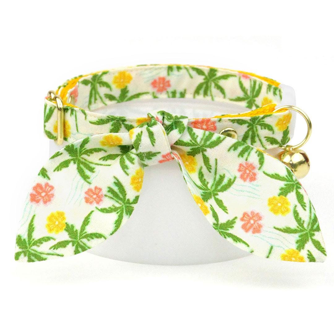 Cat Collar + Bunny Ear Bow Set - "Palm Paradise" - Tropical Cat Collar w/ Matching Bunny Bow Tie / Hawaiian, Beach, Summer / Tie-On Scarf / Cat, Kitten + Small Dog Sizes