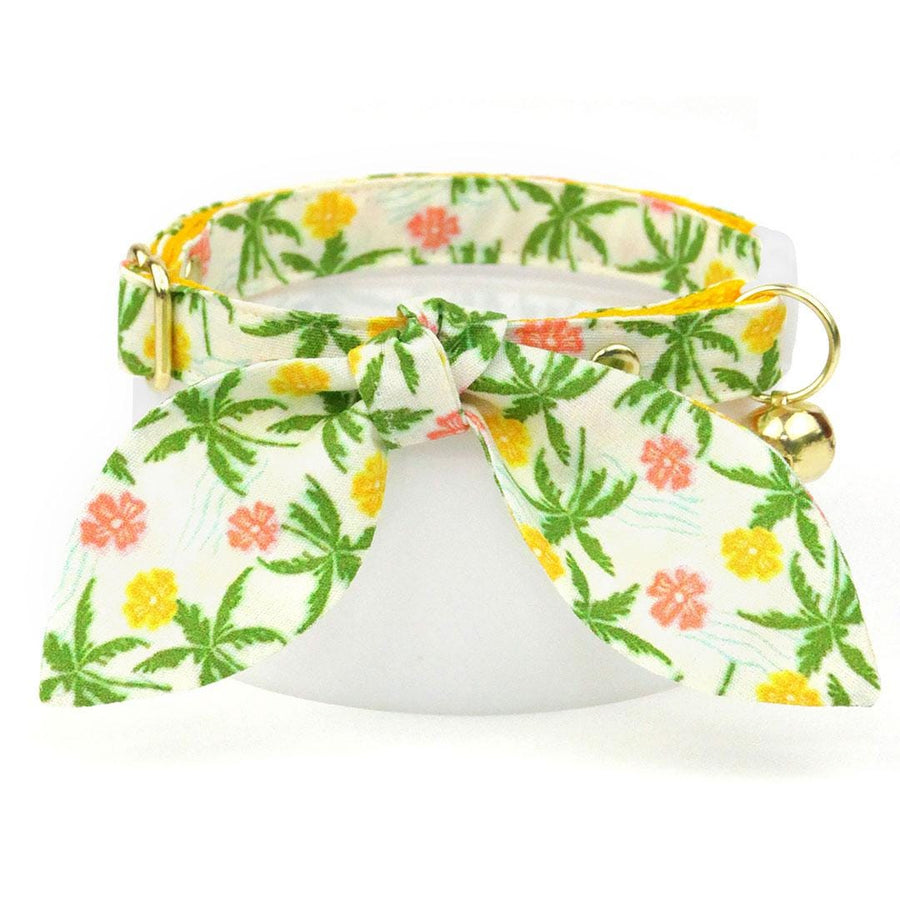 Cat Collar + Bunny Ear Bow Set - "Palm Paradise" - Tropical Cat Collar w/ Matching Bunny Bow Tie / Hawaiian, Beach, Summer / Tie-On Scarf / Cat, Kitten + Small Dog Sizes