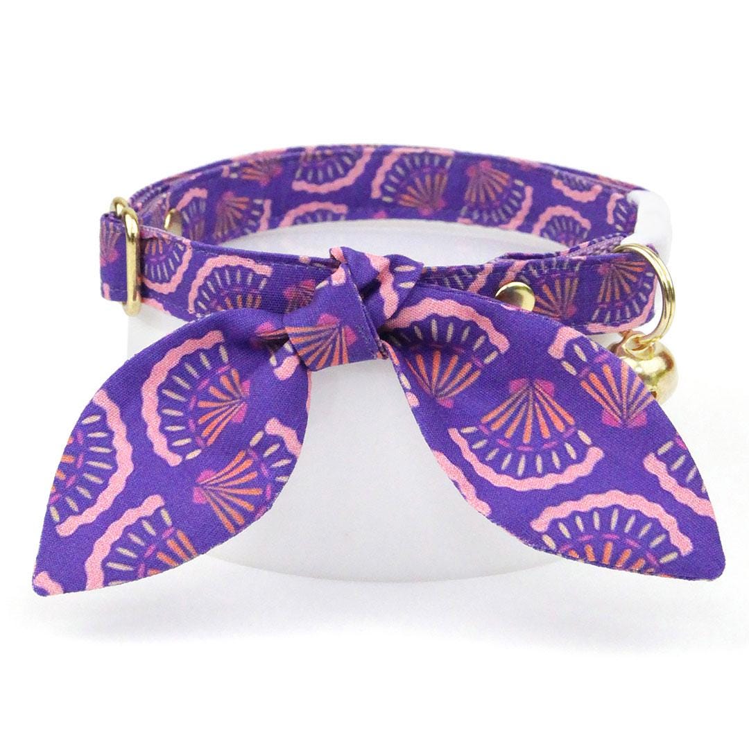 Cat Collar + Bunny Ear Bow Set - "Sea Siren" - Purple Seashell Cat Collar w/ Matching Bunny Bow Tie / Tie-On Scarf / Cat, Kitten + Small Dog Sizes