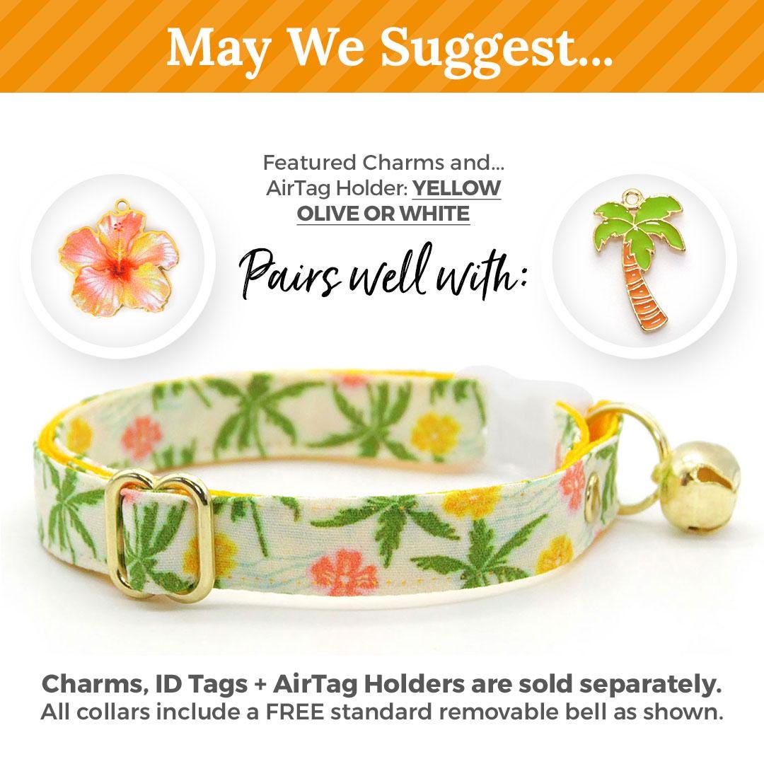 Cat Collar + Flower Set - "Palm Paradise" - Tropical Cat Collar w/ Baby Pink Felt Flower (Detachable) / Summer, Hawaiian, Beach / Cat, Kitten + Small Dog Sizes