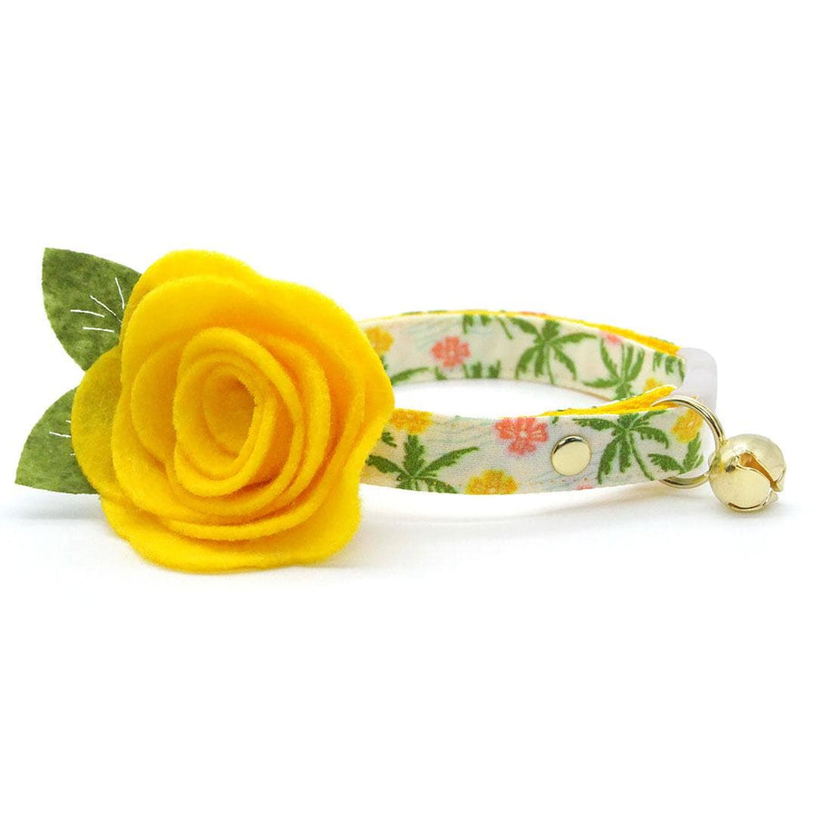 Cat Collar + Flower Set - "Palm Paradise" - Tropical Cat Collar w/ Yellow Felt Flower (Detachable) / Summer, Hawaiian, Beach / Cat, Kitten + Small Dog Sizes
