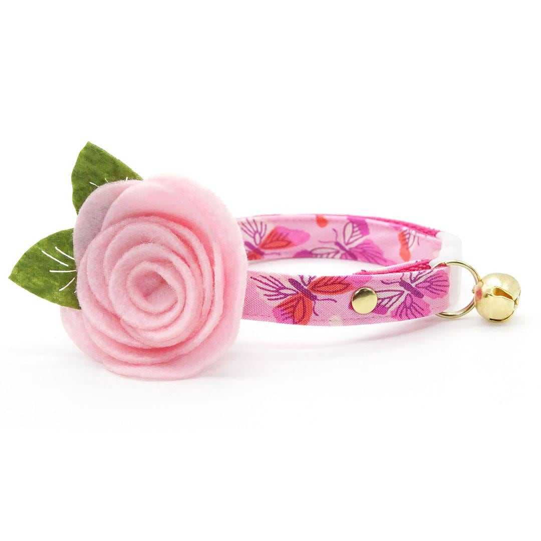 Cat Collar + Flower Set - "Butterfly Garden" - Pink Cat Collar w/ Baby Pink Felt Flower (Detachable) / Butterflies / Cat, Kitten + Small Dog Sizes