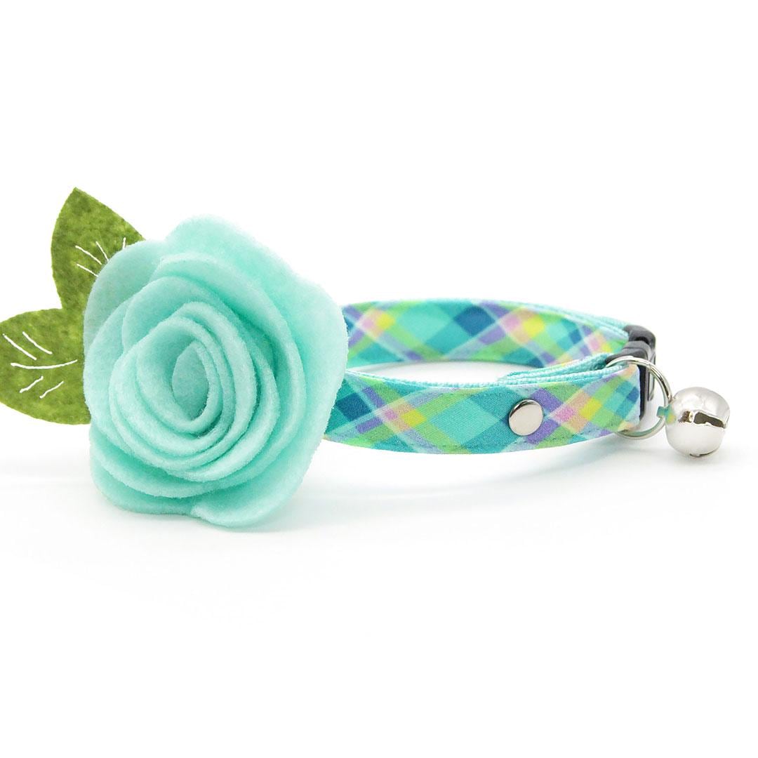 Cat Collar + Flower Set - "Breeze" - Aqua Plaid Cat Collar w/ Mint Felt Flower (Detachable) / Spring, Summer, Coastal Preppy / Cat, Kitten + Small Dog Sizes