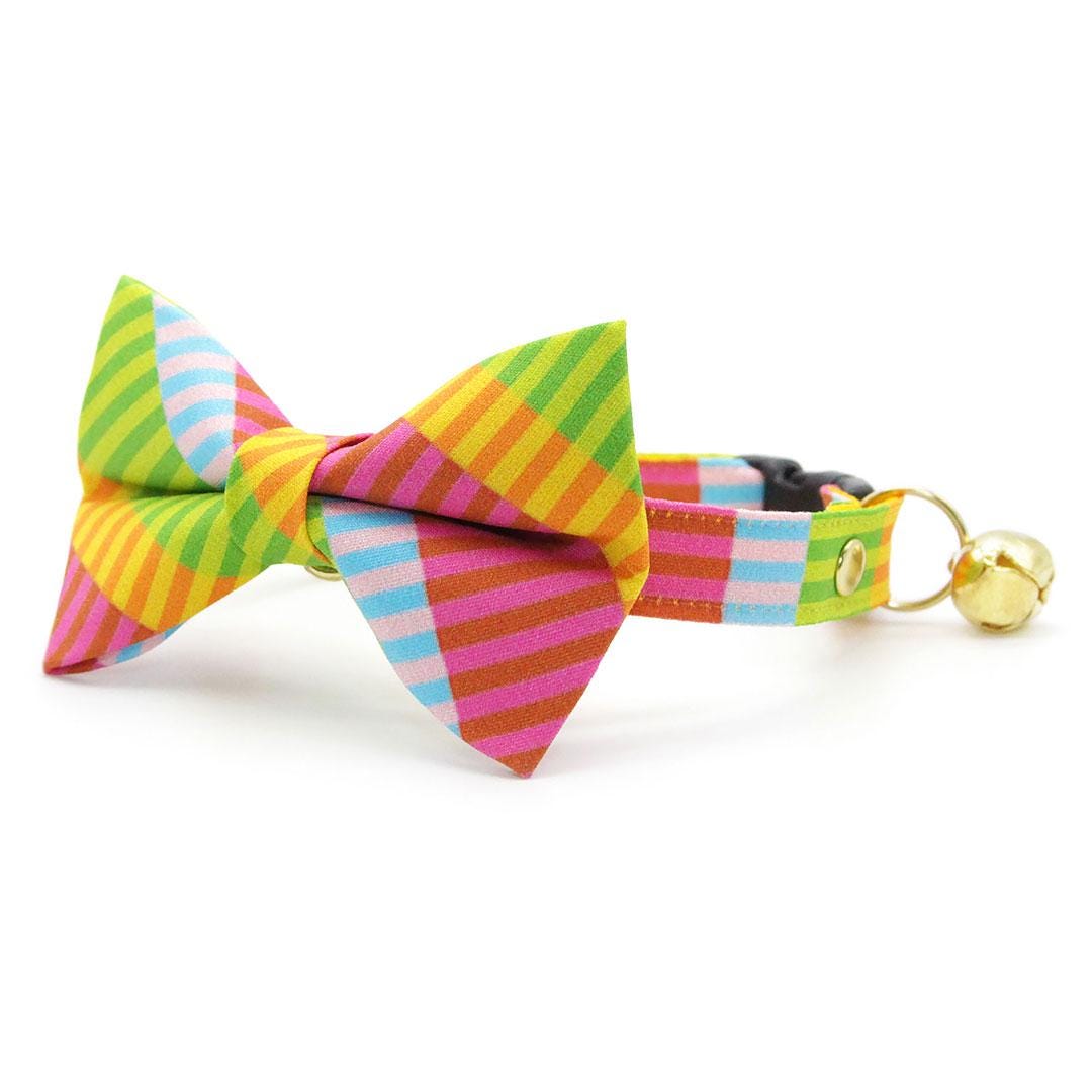 Stripe Bow Tie Cat Collar Set - "Technicolor Dream" - Fun Modern Rainbow Cat Collar with Bow Tie / Summer, 80s, Retro / Cat, Kitten, Small Dog Sizes