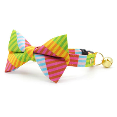 Stripe Bow Tie Cat Collar Set - "Technicolor Dream" - Fun Modern Rainbow Cat Collar with Bow Tie / Summer, 80s, Retro / Cat, Kitten, Small Dog Sizes