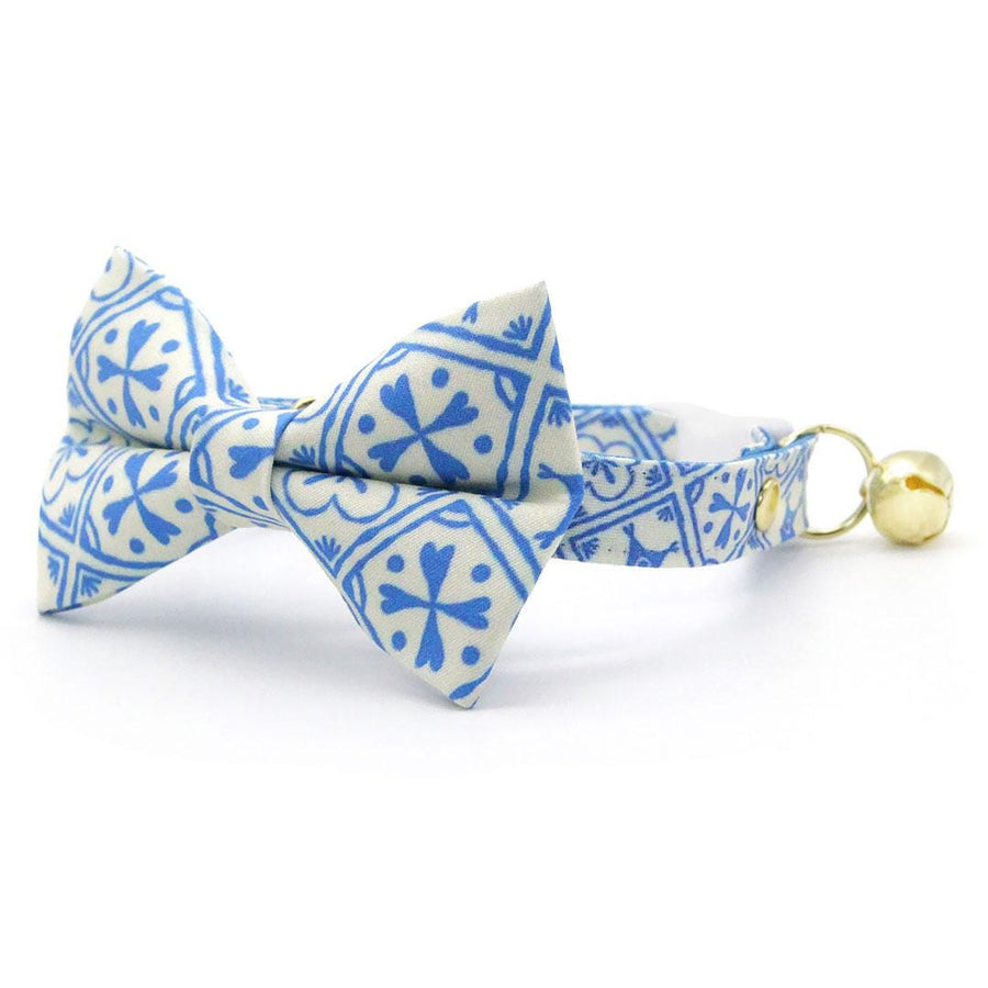 Blue Bow Tie Cat Collar Set - "Azulejos" - Mediterranean Cat Collar with Bow Tie / Summer, Spanish, Greek / Cat, Kitten, Small Dog Sizes