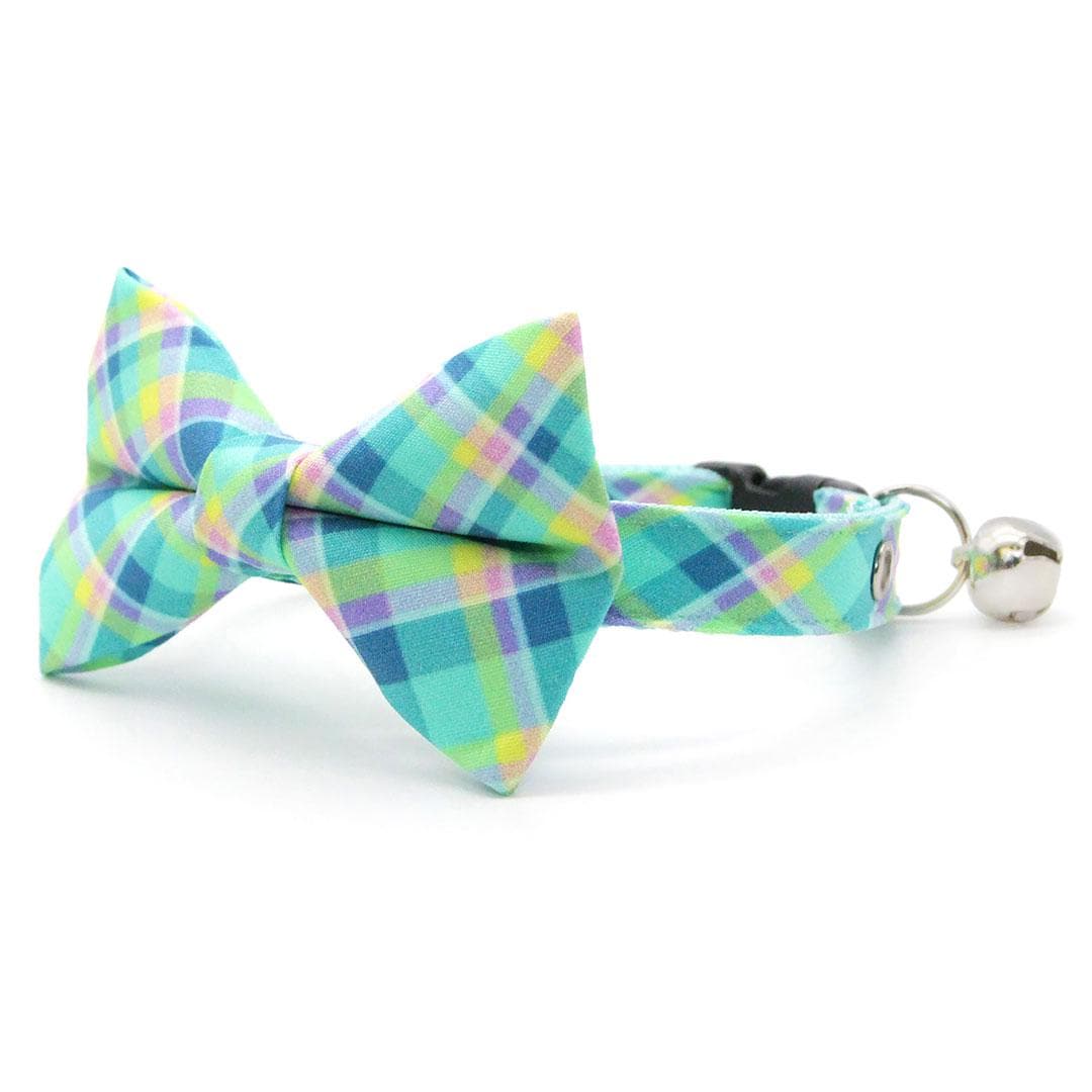 Plaid Bow Tie Cat Collar Set - "Breeze" - Preppy Aqua Cat Collar with Bow Tie / Spring, Summer, Coastal, Mint / Cat, Kitten, Small Dog Sizes