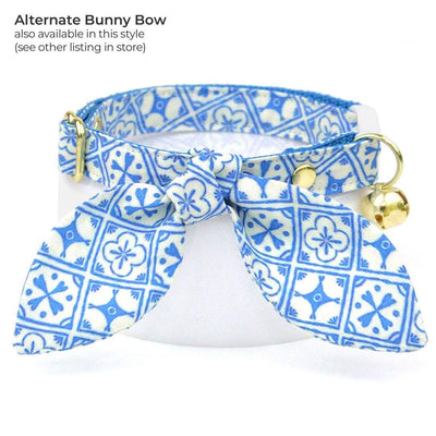 Blue Bow Tie Cat Collar Set - "Azulejos" - Mediterranean Cat Collar with Bow Tie / Summer, Spanish, Greek / Cat, Kitten, Small Dog Sizes