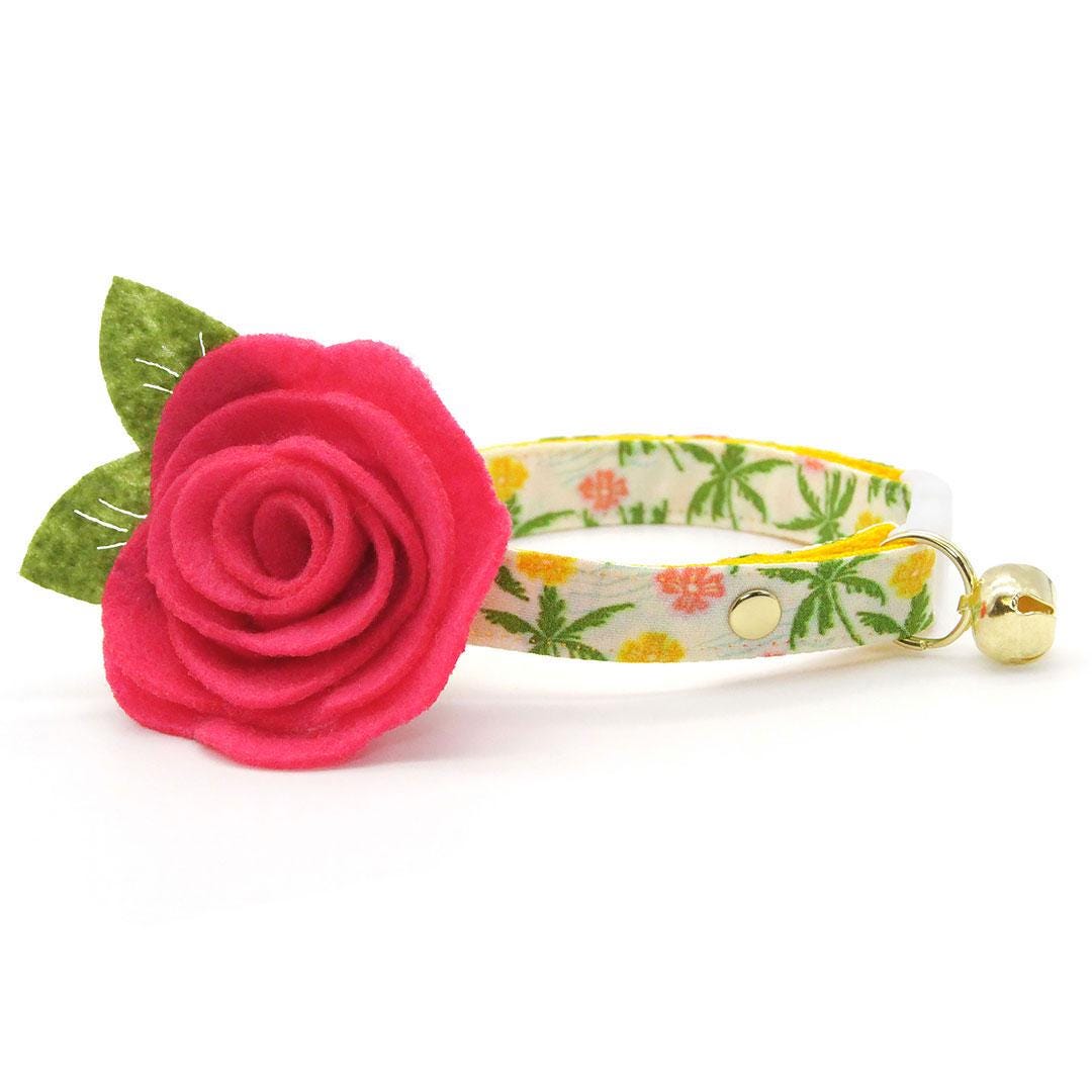 Cat Collar + Flower Set - "Palm Paradise" - Tropical Cat Collar w/ Fuchsia Felt Flower (Detachable) / Summer, Hawaiian, Beach / Cat, Kitten + Small Dog Sizes