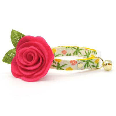 Cat Collar + Flower Set - "Palm Paradise" - Tropical Cat Collar w/ Fuchsia Felt Flower (Detachable) / Summer, Hawaiian, Beach / Cat, Kitten + Small Dog Sizes