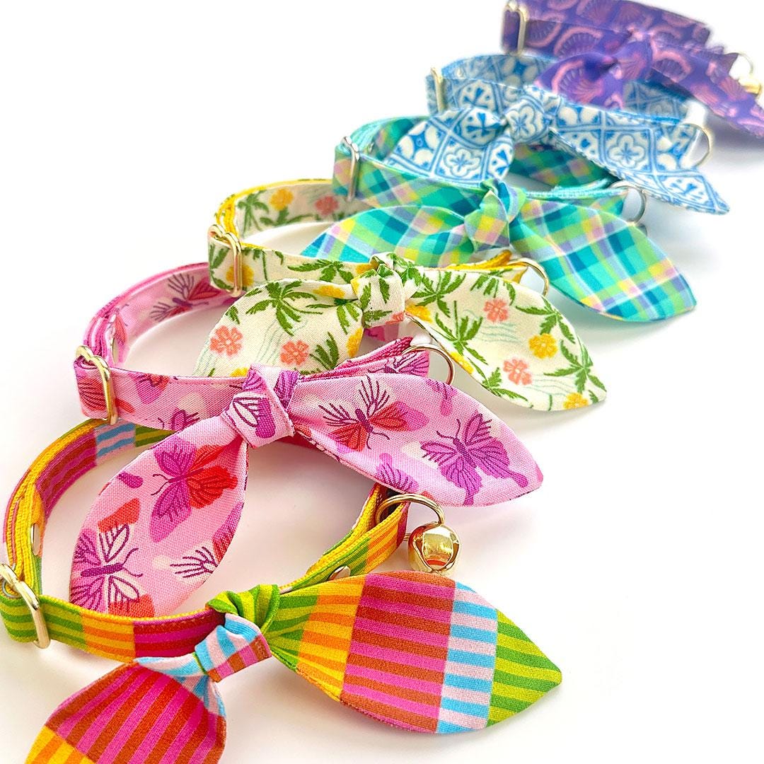 Cat Collar + Bunny Ear Bow Set - "Technicolor Dream" - Modern Rainbow Stripe Cat Collar w/ Matching Bunny Bow Tie / Tie-On Scarf / Cat, Kitten + Small Dog Sizes