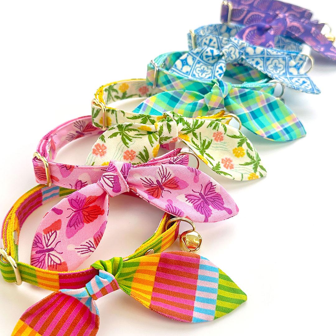 Cat Collar + Bunny Ear Bow Set - "Azulejos" - Mediterranean Blue Cat Collar w/ Matching Bunny Bow Tie / Tie-On Scarf / Cat, Kitten + Small Dog Sizes