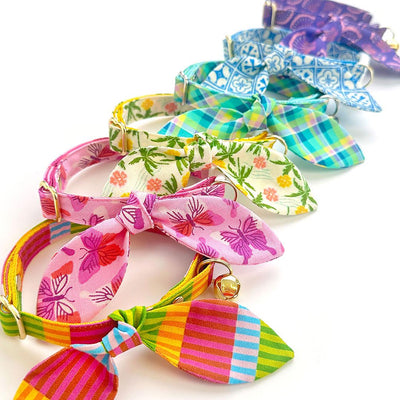 Cat Collar + Bunny Ear Bow Set - "Azulejos" - Mediterranean Blue Cat Collar w/ Matching Bunny Bow Tie / Tie-On Scarf / Cat, Kitten + Small Dog Sizes