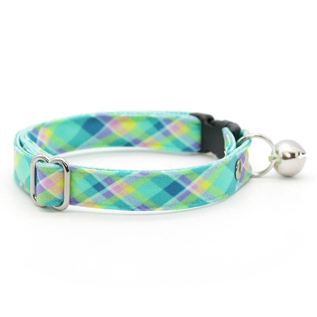 Cat Collar + Bunny Ear Bow Set - "Breeze" - Aqua Plaid Cat Collar w/ Matching Bunny Bow Tie / Spring + Summer / Tie-On Scarf / Cat, Kitten + Small Dog Sizes