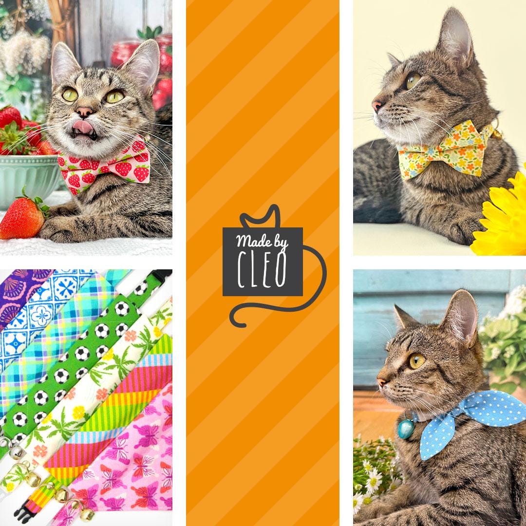 Stripe Bow Tie Cat Collar Set - "Technicolor Dream" - Fun Modern Rainbow Cat Collar with Bow Tie / Summer, 80s, Retro / Cat, Kitten, Small Dog Sizes