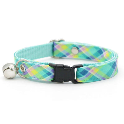Plaid Bow Tie Cat Collar Set - "Breeze" - Preppy Aqua Cat Collar with Bow Tie / Spring, Summer, Coastal, Mint / Cat, Kitten, Small Dog Sizes