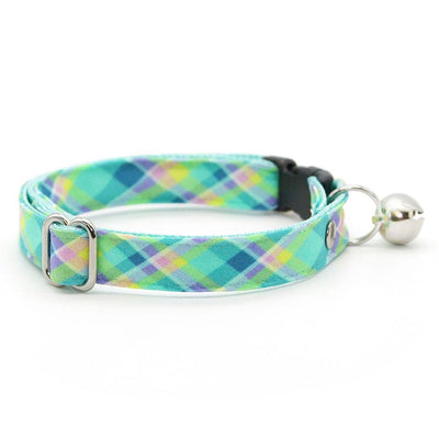 Cat Collar + Flower Set - "Breeze" - Aqua Plaid Cat Collar w/ Mint Felt Flower (Detachable) / Spring, Summer, Coastal Preppy / Cat, Kitten + Small Dog Sizes