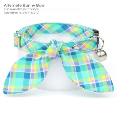 Cat Collar + Flower Set - "Breeze" - Aqua Plaid Cat Collar w/ Mint Felt Flower (Detachable) / Spring, Summer, Coastal Preppy / Cat, Kitten + Small Dog Sizes