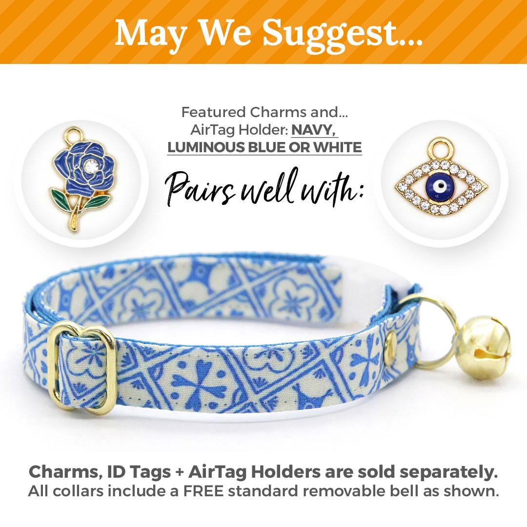Blue Bow Tie Cat Collar Set - "Azulejos" - Mediterranean Cat Collar with Bow Tie / Summer, Spanish, Greek / Cat, Kitten, Small Dog Sizes