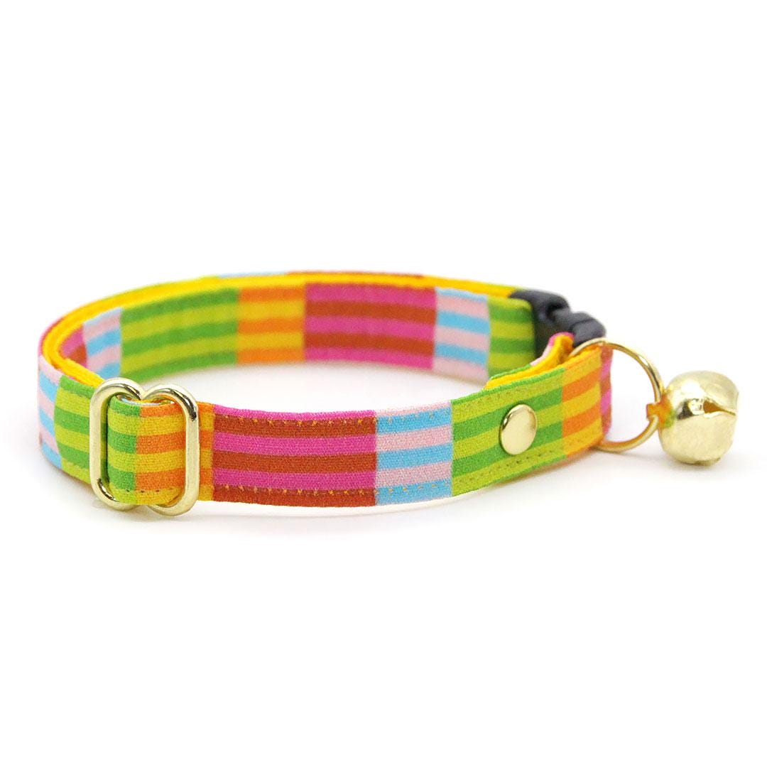 Stripe Bow Tie Cat Collar Set - "Technicolor Dream" - Fun Modern Rainbow Cat Collar with Bow Tie / Summer, 80s, Retro / Cat, Kitten, Small Dog Sizes