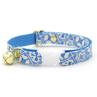 Cat Collar + Bunny Ear Bow Set - "Azulejos" - Mediterranean Blue Cat Collar w/ Matching Bunny Bow Tie / Tie-On Scarf / Cat, Kitten + Small Dog Sizes