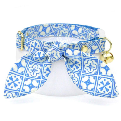 Cat Collar + Bunny Ear Bow Set - "Azulejos" - Mediterranean Blue Cat Collar w/ Matching Bunny Bow Tie / Tie-On Scarf / Cat, Kitten + Small Dog Sizes