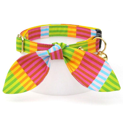Cat Collar + Bunny Ear Bow Set - "Technicolor Dream" - Modern Rainbow Stripe Cat Collar w/ Matching Bunny Bow Tie / Tie-On Scarf / Cat, Kitten + Small Dog Sizes