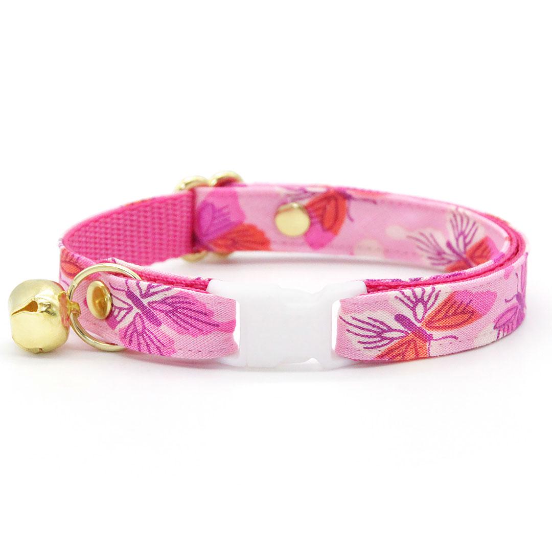 Cat Collar + Flower Set - "Butterfly Garden" - Pink Cat Collar w/ Baby Pink Felt Flower (Detachable) / Butterflies / Cat, Kitten + Small Dog Sizes