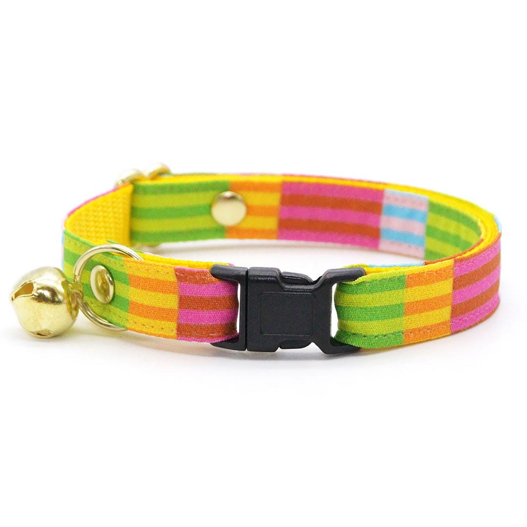 Cat Collar + Flower Set - "Technicolor Dream" - Rainbow Stripe Cat Collar w/ Fuchsia Felt Flower (Detachable) / Cat, Kitten + Small Dog Sizes