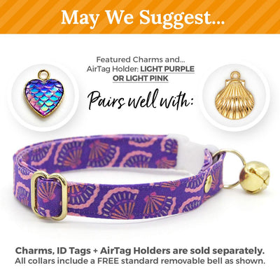 Cat Collar + Flower Set - "Sea Siren" - Purple Seashell Cat Collar w/ Plum Purple Felt Flower (Detachable) / Cat, Kitten + Small Dog Sizes
