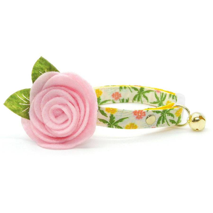Cat Collar + Flower Set - "Palm Paradise" - Tropical Cat Collar w/ Baby Pink Felt Flower (Detachable) / Summer, Hawaiian, Beach / Cat, Kitten + Small Dog Sizes