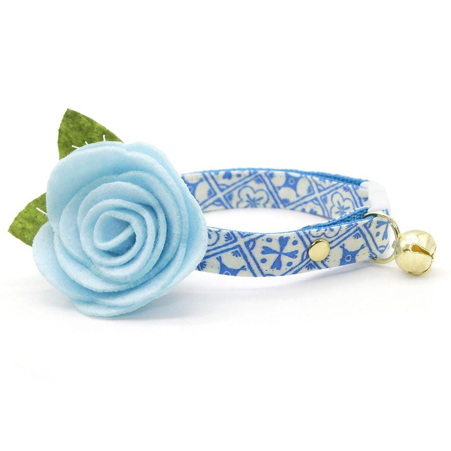 Cat Collar + Flower Set - "Azulejos" - Mediterranean Blue Cat Collar w/ Sky Blue Felt Flower (Detachable) / Cat, Kitten + Small Dog Sizes