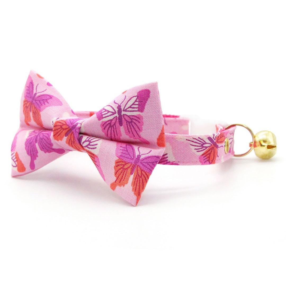 Butterfly Bow Tie Cat Collar Set - "Butterfly Garden" - Pink Cat Collar with Bow Tie / Butterflies, Spring, Summer / Cat, Kitten, Small Dog Sizes