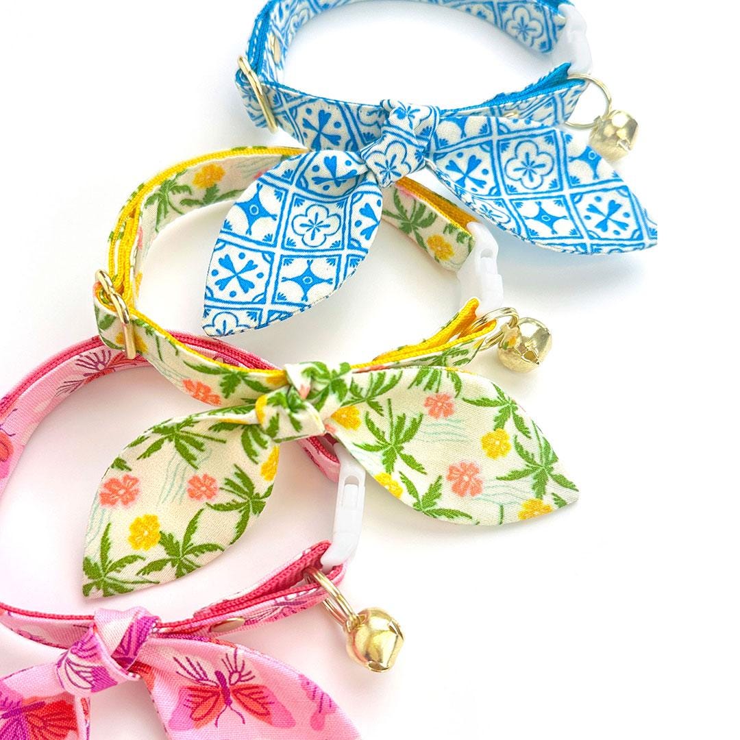 Cat Collar + Bunny Ear Bow Set - "Azulejos" - Mediterranean Blue Cat Collar w/ Matching Bunny Bow Tie / Tie-On Scarf / Cat, Kitten + Small Dog Sizes