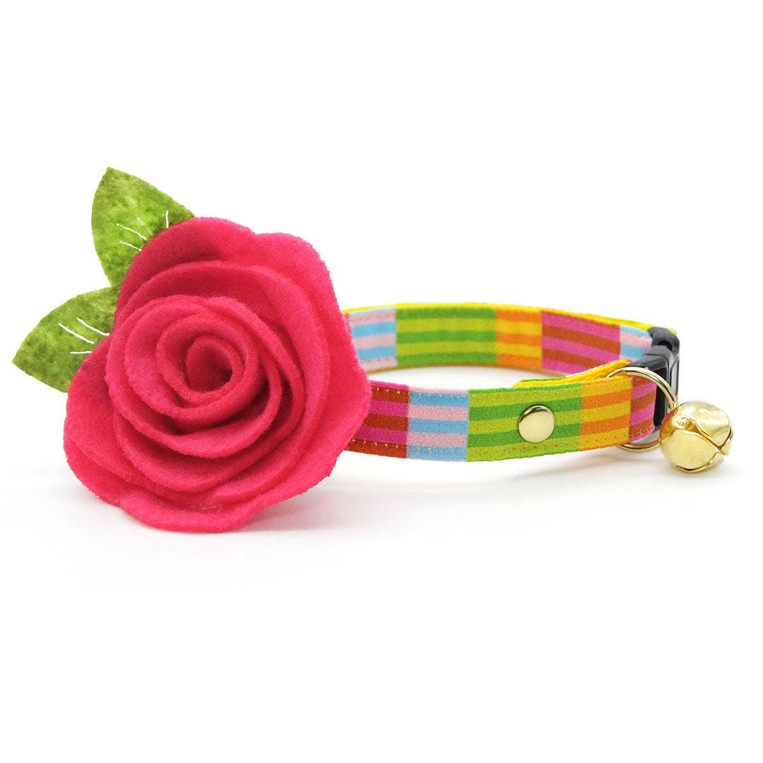 Cat Collar + Flower Set - "Technicolor Dream" - Rainbow Stripe Cat Collar w/ Fuchsia Felt Flower (Detachable) / Cat, Kitten + Small Dog Sizes