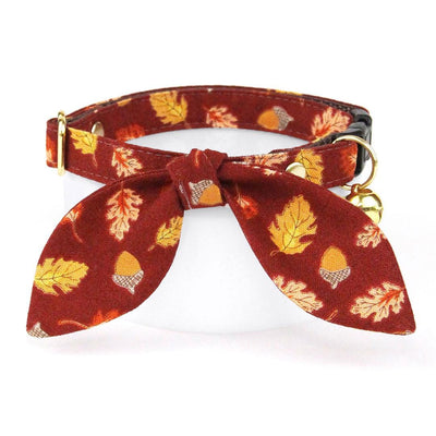 Fall Cat Collar - "Acorn Hill" - Burgundy Autumn Leaves Cat Collar / Thanksgiving / Breakaway Buckle or Non-Breakaway / Cat, Kitten + Small Dog Sizes