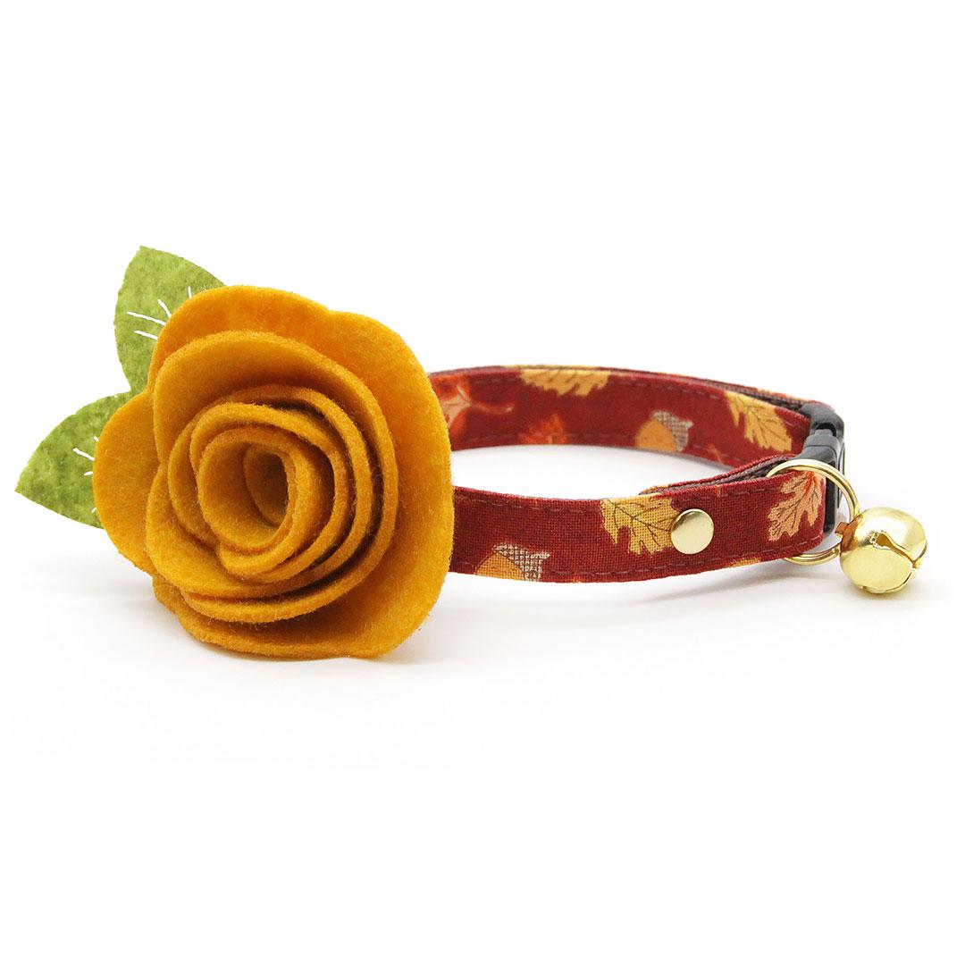 Fall Cat Collar - "Acorn Hill" - Burgundy Autumn Leaves Cat Collar / Thanksgiving / Breakaway Buckle or Non-Breakaway / Cat, Kitten + Small Dog Sizes