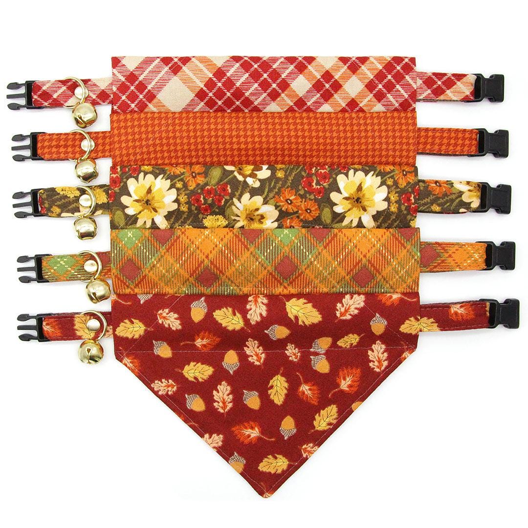 Burgundy Cat Bandana - "Acorn Hill" - Fall Leaves & Acorns Bandana for Cat + Small Dog / Thanksgiving, Mahogany / Slide-on Bandana / Over-the-Collar
