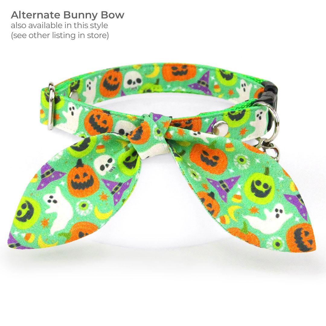 Halloween Cat Bandana - "Creepy Cuties - Green" - Spooky Green Bandana for Cat + Small Dog / Ghost, Pumpkin, Skull / Slide-on Bandana / Over-the-Collar