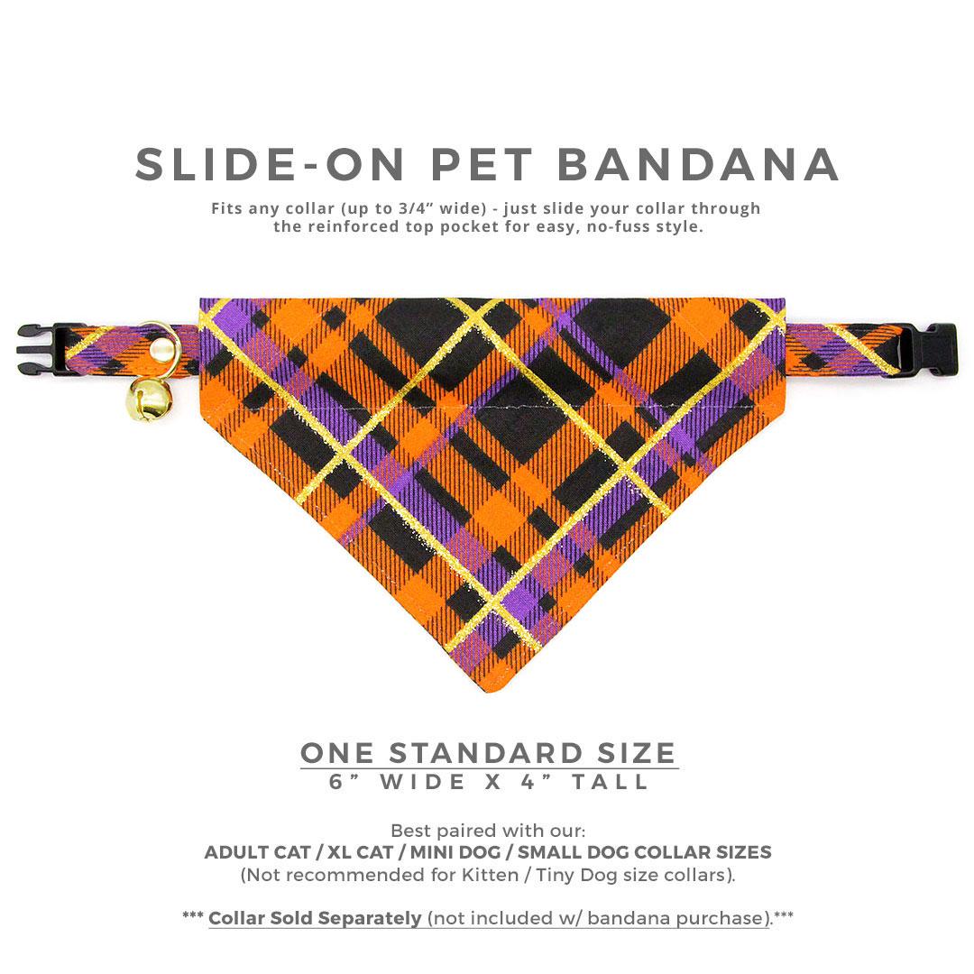 Halloween Cat Bandana - "Midnight Mischief" - Spooky Plaid Bandana for Cat + Small Dog / Orange, Black, Purple / Slide-on Bandana / Over-the-Collar