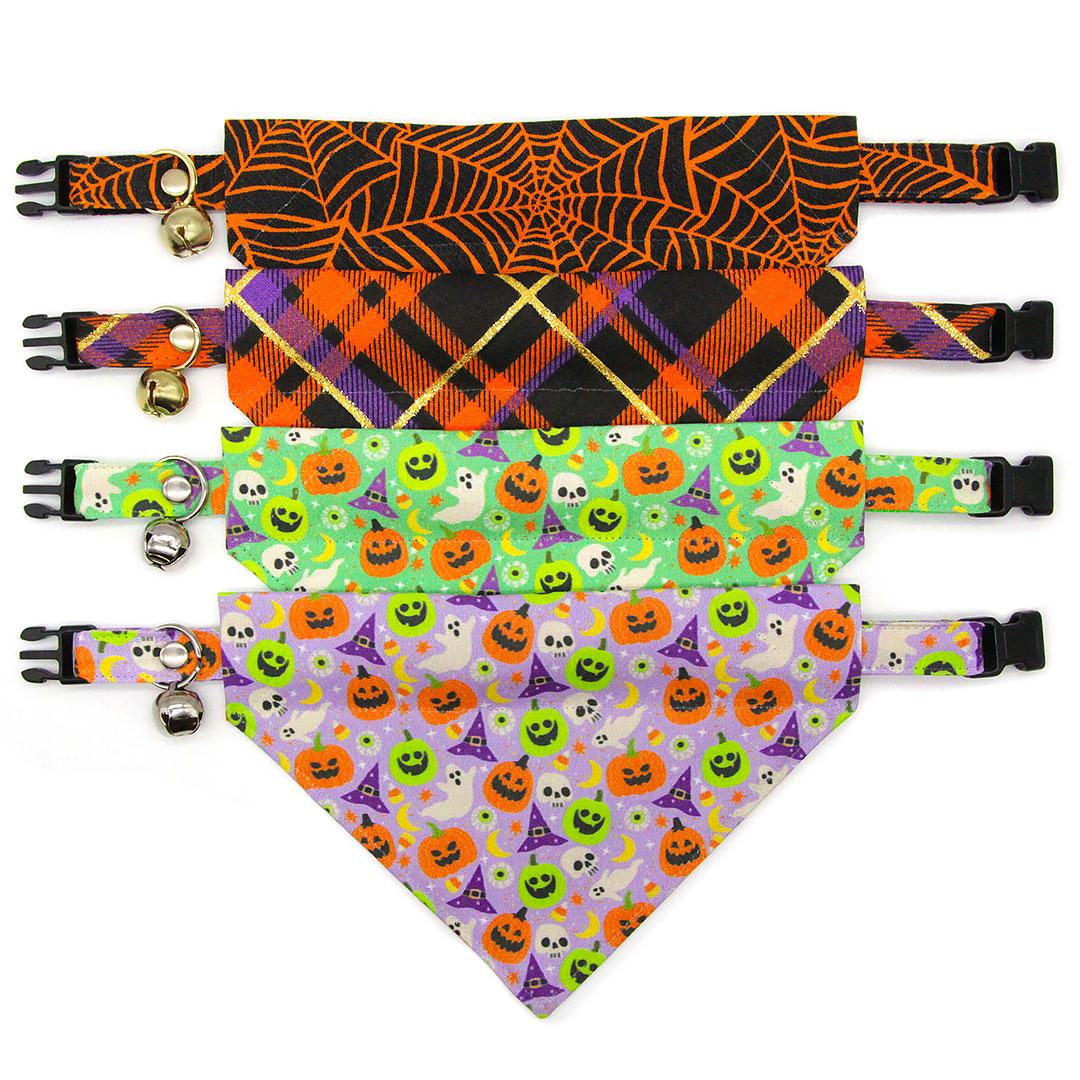 Spiderweb Cat Bandana - "Spellbound" - Orange & Black Halloween Bandana for Cat + Small Dog / Spider / Slide-on Bandana / Over-the-Collar