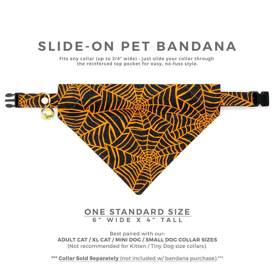 Spiderweb Cat Bandana - "Spellbound" - Orange & Black Halloween Bandana for Cat + Small Dog / Spider / Slide-on Bandana / Over-the-Collar