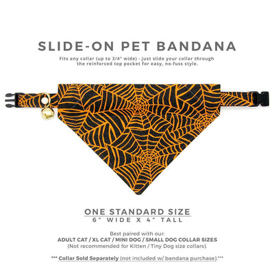 Spiderweb Cat Bandana - "Spellbound" - Orange & Black Halloween Bandana for Cat + Small Dog / Spider / Slide-on Bandana / Over-the-Collar